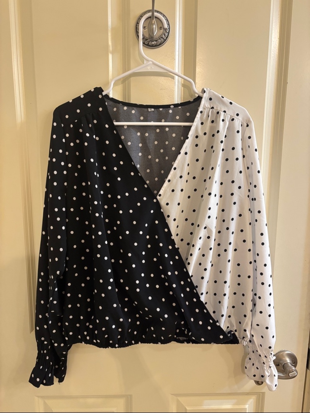 Polka Dot Two-Tone Wrap Blouse - Black & White